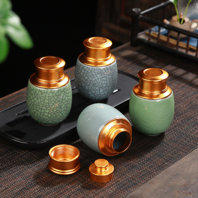 哥窑冰裂小号杯子茶叶罐金属盖陶瓷密封罐定制LOGO