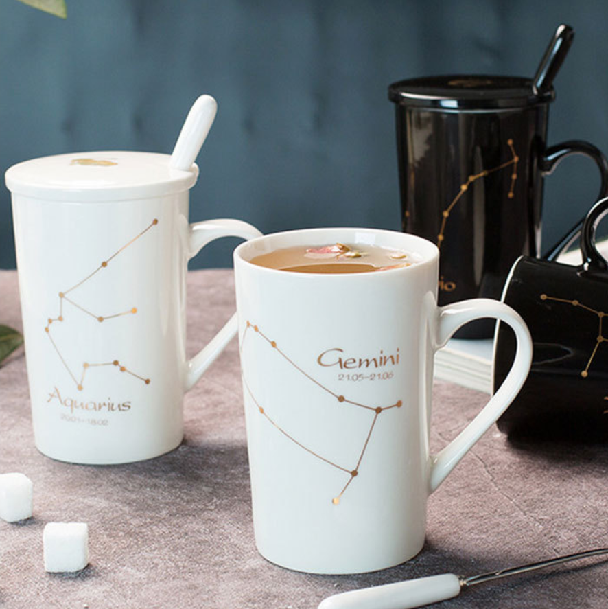 十二星座真金图案陶瓷马克杯带盖勺情侣水杯定制logo陶瓷杯