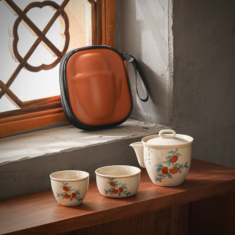 定制便携草木灰柿柿如意一壶两杯旅行茶具